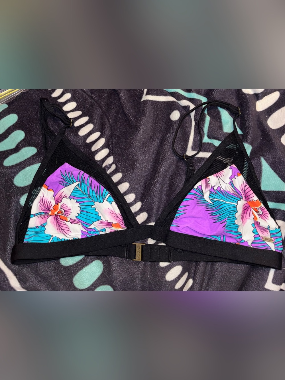 Rip Curl Floral Triangle Bikini Top in Purple & Black